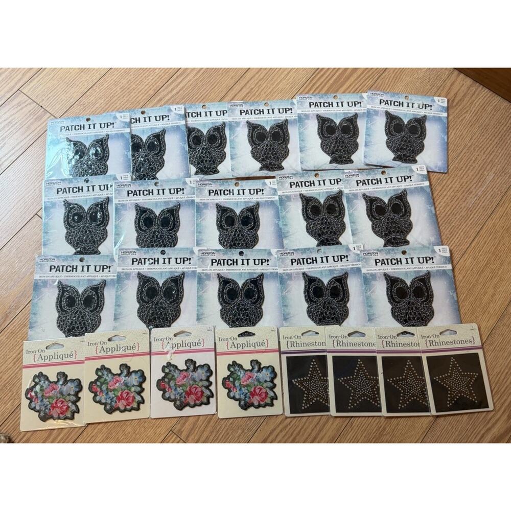 Lot Of 24 Iron On Patches NEW Owls / Flowers / Stars Fast Shipping 3627-22